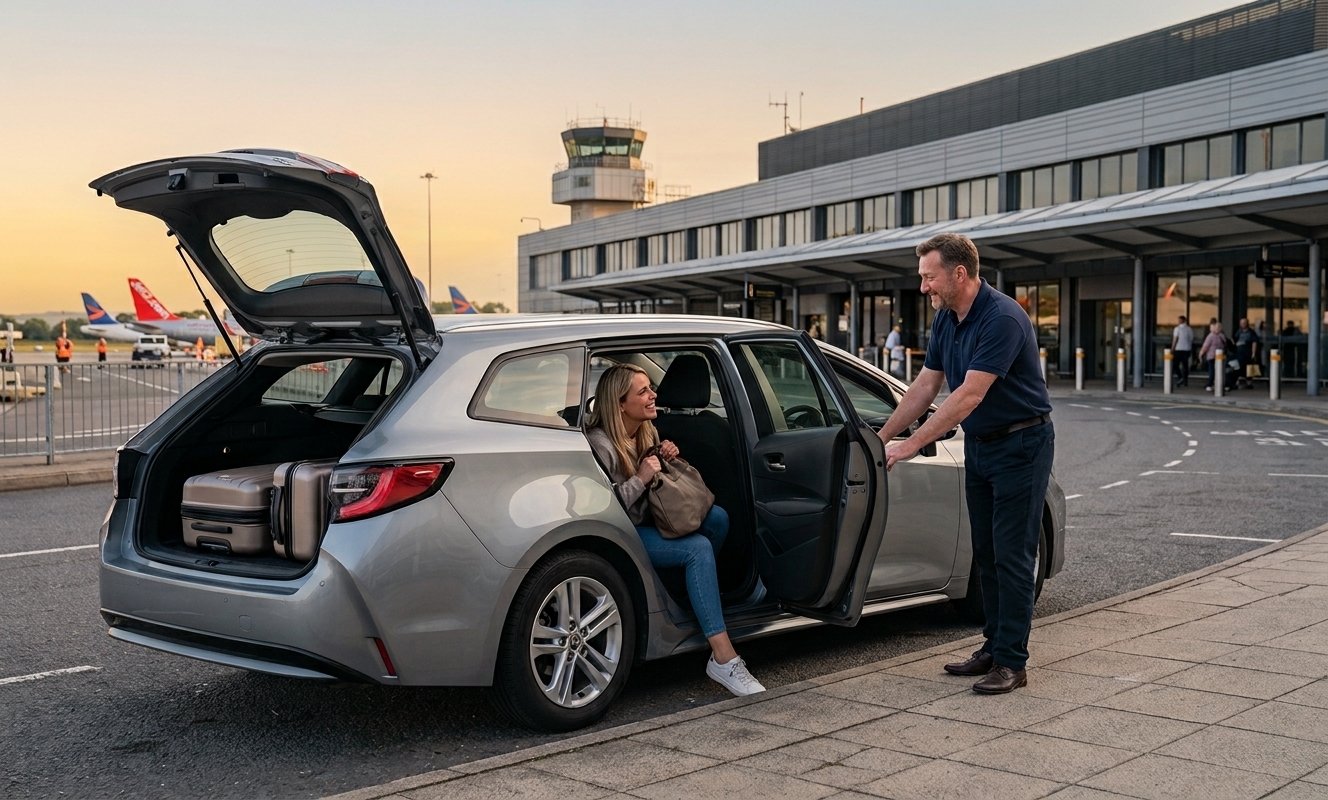 A pre-booked Bradford airport taxi providing comfortable drop-off service outside the departure terminal.