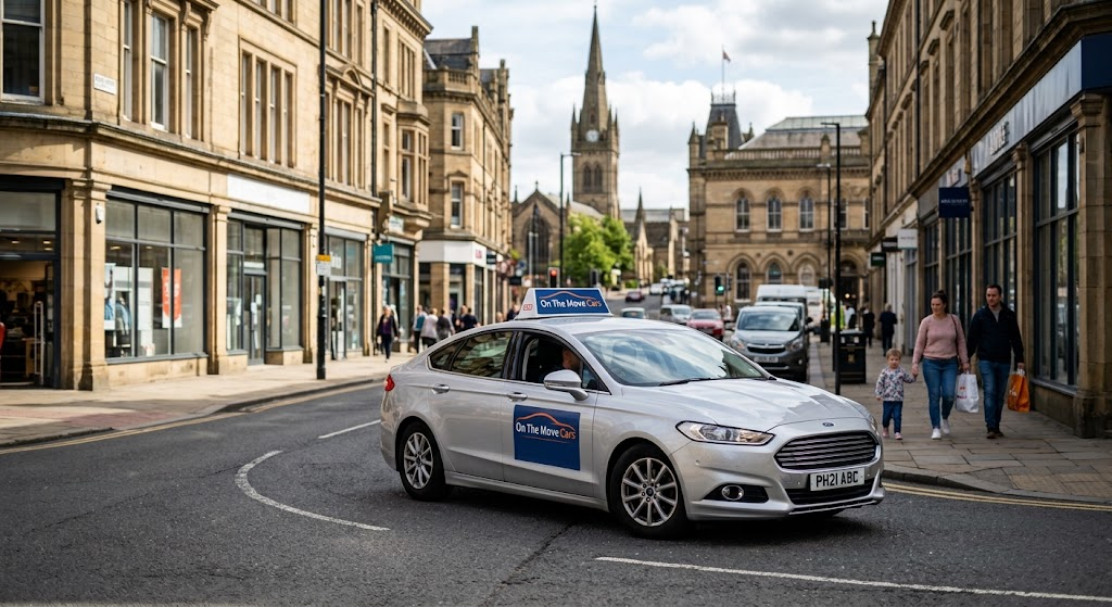 On The Move Cars private hire taxi with logo driving on a city street in Bradford West Yorkshire
